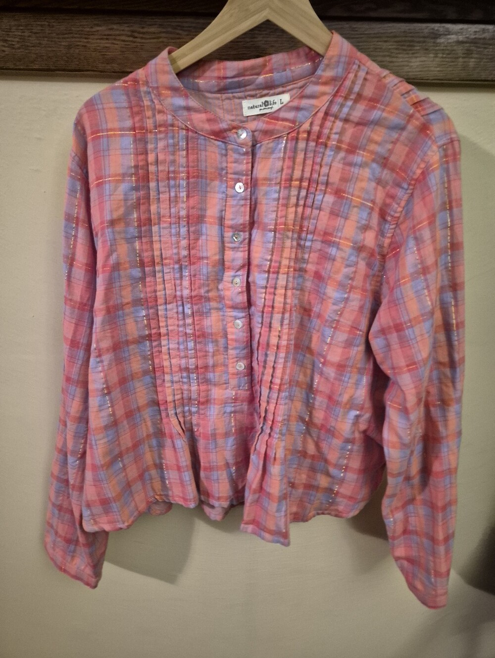 Natural Life Womens Pink Plaid Button to Mid Front Top Large - Picture 3 of 5